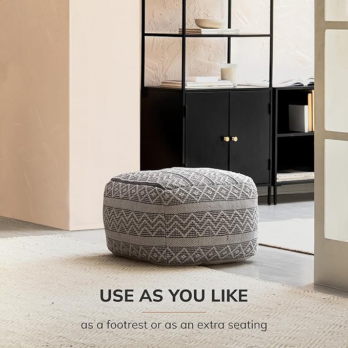 Anji Mountain 100% Handmade & Handcrafted Comfortable Home Décor Pouf Ottoman Footrest for Living Room, Bedroom, Nursery, Kidsroom, Patio Furniture - (22" x 22" x 16"- Gray,Ivory)