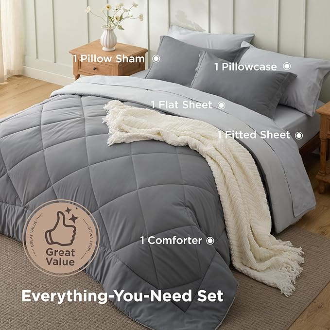 Bedsure Twin Comforter Set - 5 Pieces Reversible Grey Bedding, Twin Size Bed Set for All Seasons, Bed in a Bag with Down Alternative Comforter, Sheets, Pillowcase & Sham