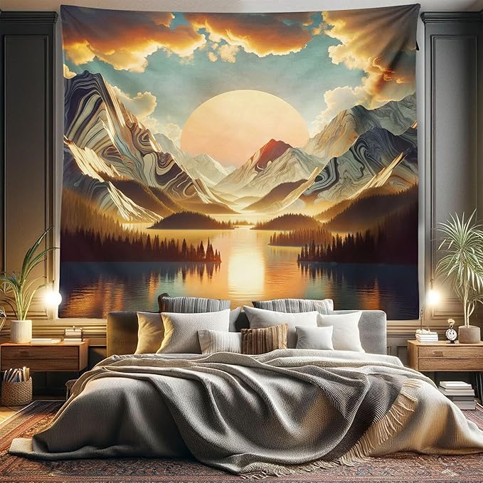 Ambesonne Mountain Tapestry King Size, Sunrise Scenario of Meadows Featuring Groovy Mounts with Lake Clouds, Wall Hanging Bedspread Bed Cover Wall Decor, 104" X 88", Peach Fawn Pale Seafoam
