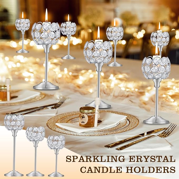 Crystal Metal Tealight Candlestick, Bling Bowl Candelabras, Tall Crystal Candle Holders Elegant Candle Centerpiece for Dining Table Wedding Home Mantel Decor(Silver, 4Sets(12 Pcs))