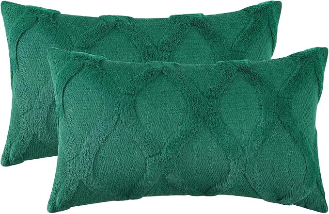 decorUhome Spring Throw Pillow Covers 12x20 Inch Set of 2, Soft Plush Faux Fur Wool Lumbar Green Couch Pillow Covers, Decorative Neutral Pillow Cases for Bed Sofa Living Room Home Decor