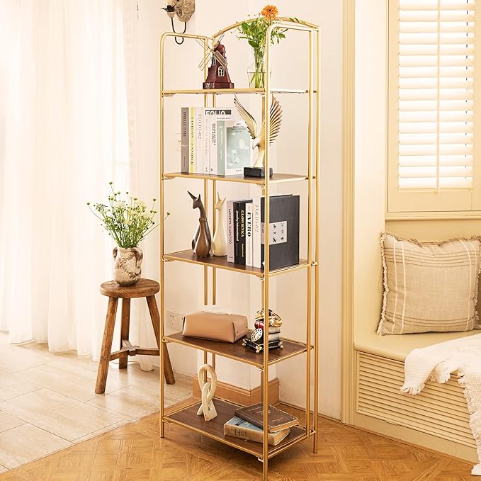 Crofy No Assembly Folding Bookshelf for Living Room, 5 Tier Gold Collapsible Book Shelf for Home Office, Portable Bookcase Storage Organizer