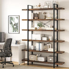 Bookshelf Set of 2, Heavy Duty 6-Tier Industrial Bookcase, 47" Wide Wood Bookshelf for Home Office, 120lbs Shelf Capacity, Rustic Open Display with Horizontal Shelf for Living Room Bedroom
