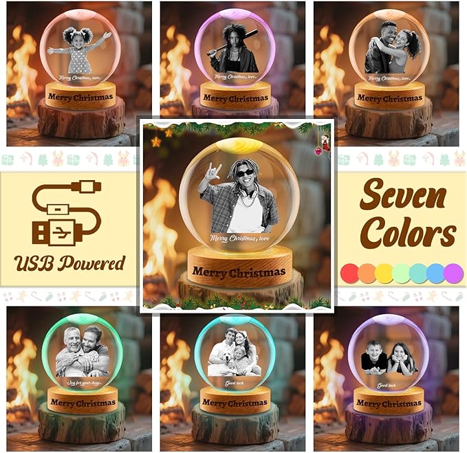 Custom Snow Globes with Photo Name Christmas Snow Globes with Light-Up Base Personalized Engraving Crystal Snowglobe Gifts for Family Women Men Kids Xmas Gift (Snow Globe)