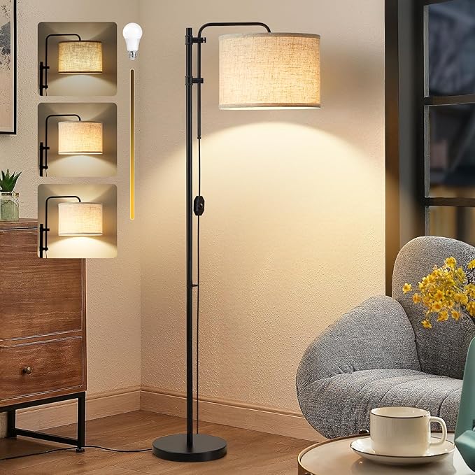 GyroVu Floor Lamp for Living Room, Adjustable Height Standing Lamps with 350° Rotate Beige Lampshade, 67.5-Inch Modern Tall Lamp Dimmable Floor Lamps for Corner Bedroom Home Office (Bulb Included)