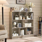 LEYAOYAO 8 Cube Bookshelf with Base,3 Tier Mid-Century Modern Grey Bookcase,Standing Wide Bookshelves Storage Organizer Shelf,Rustic Wood Display Cabinet Book Shelves for Bedroom,Living Room,Office
