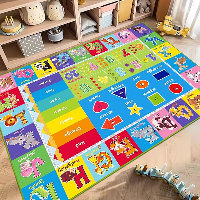 Kids Rugs for Playroom, ABC Carpet Educational Floor Play Mat for Kids, Preschool Rugs with ABC, Numbers, Animals Learning Carpet for Playroom Classroom Bedroom (Green, 59X39.4 INCH)