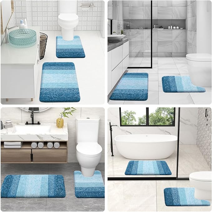 OLANLY Bathroom Rug Set 2 Piece, Soft Absorbent Microfiber Bath Mats and U-Shaped Contour Toilet Rug, Non-Slip, Machine Wash Dry, Plush Shaggy Bath Mats for Bathroom (30"x20"+24"x20", Peacock Blue)