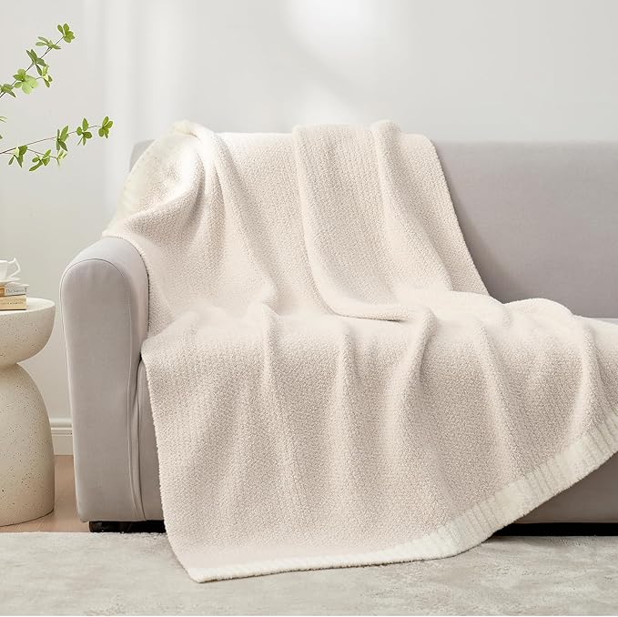 Snuggle Sac Heather Throw Blanket for Couch, Reversible Super Soft Blankets Warm Cozy Knit Fuzzy Plush Lightweight for Sofa, Bed, Camping, Picnic (Heather Ivory, Throw-XL(50"x 70"))