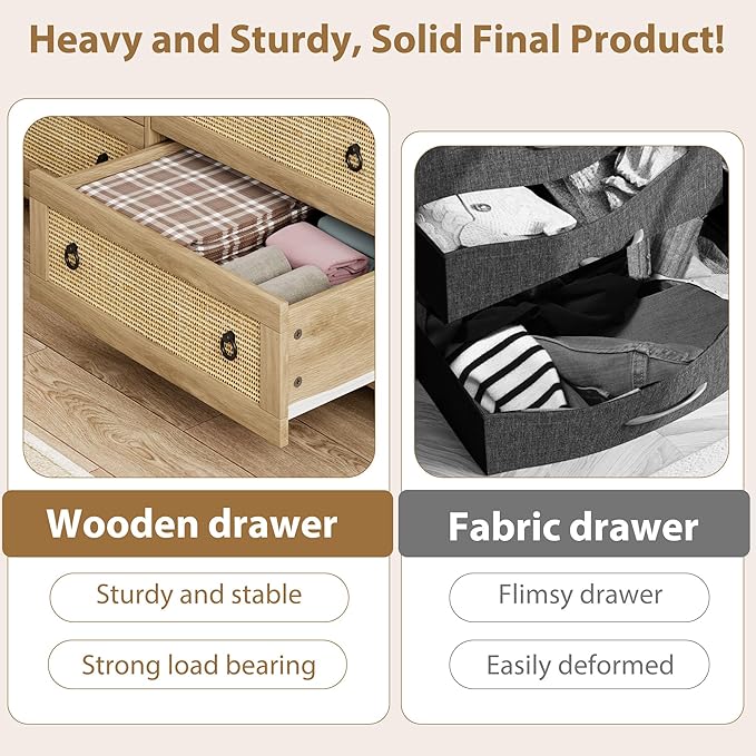 IDEALHOUSE Rattan Dresser for Bedroom with 5 Drawers, 45'' Tall Chest of Large Drawers with Large Clothes Storage Cabinet, Wood Bedroom Dresser, TV Stand for Nursery, Living Room, Enterway