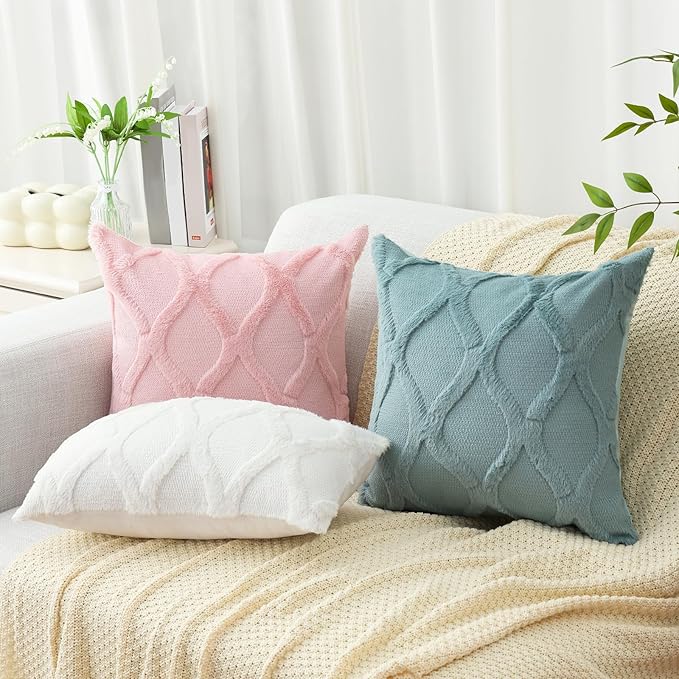 decorUhome Spring Euro Sham Throw Pillow Covers 22x22 Inch Set of 2, Soft Plush Faux Fur Wool Light Pink Couch Pillow Covers, Decorative Neutral Pillow Cases for Bed Sofa Living Room Valentines Decor