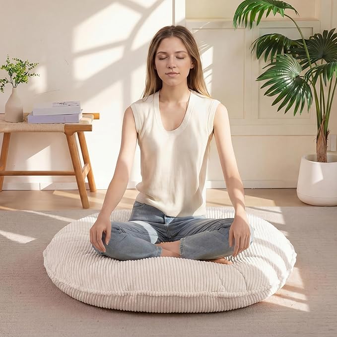 35" Washable Floor Pillow Cushion for Adults, Meditation Cushion Pillow, Extra Large Round Floor Sitting, Removable Tufted Corduroy Cover, for Tatami Living Room or Yoga, Beige, Machine Washable