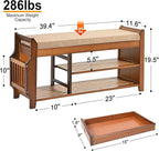 Shoe Bench with Hidden Drawer and Side Holder, 2 Tier Entryway Bench with Storage 39.4 in, Bamboo Shoe Rack with Cushion for Entryway Hallway Living Room Bedroom