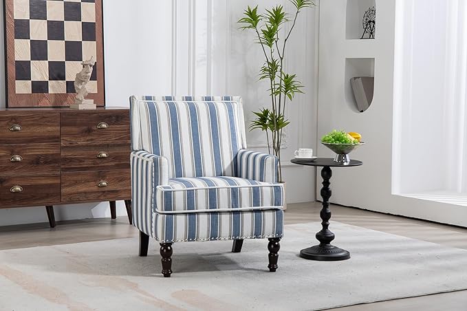 KEIKI Vintage Striped Accent Chair with Nailhead Trim, Upholstered Lounge Armchair for Living Room, High Back Reading Chair Bedroom