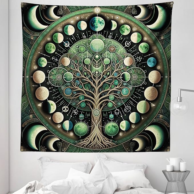 Ambesonne Green Tapestry Queen Size, Moon Phases Around a Tree of Life Enhance Night Boho Astrology Design Print, Wall Hanging Bedspread Bed Cover Wall Decor, 88" X 88", Black Ecru and Blue