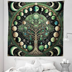 Ambesonne Green Tapestry Queen Size, Moon Phases Around a Tree of Life Enhance Night Boho Astrology Design Print, Wall Hanging Bedspread Bed Cover Wall Decor, 88" X 88", Black Ecru and Blue