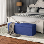 MoNiBloom 43 Inches Folding Storage Ottoman Bench, Storage Chest, Padded Seat, End of Bed Bench, Linen Fabric Ottoman Footrest for Living Room, Bedroom, Entryway, Navy Blue