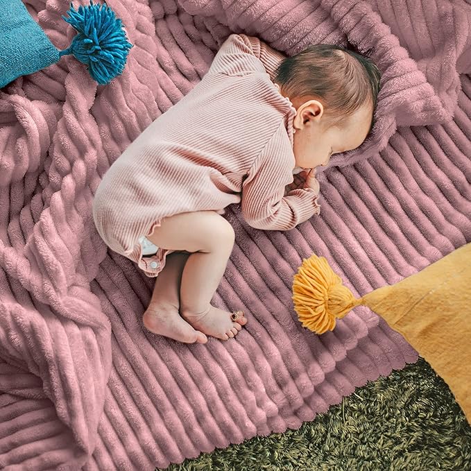 DISSA Fleece Blanket Throw Size – 51x63, Pink – Soft, Plush, Fluffy, Fuzzy, Warm, Cozy – Perfect Throw for Couch, Bed, Sofa - with Pompom Fringe - Flannel Blanket Throw Blanket