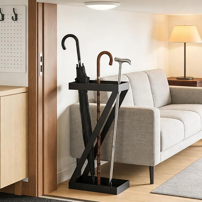 Umbrella Holder for Entryway, Metal Umbrella Stand with Drip Trays, Space-Saving Umbrella Holder, Umbrella Stands Rack, Walking Cane Stand, Black