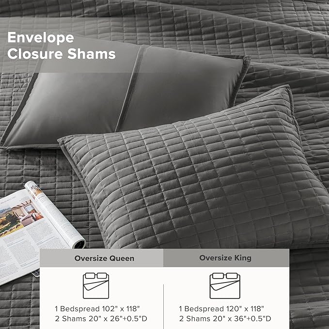 Comfort Spaces Charcoal Oversized King Quilt Set 120"x118" Bedspread Quilted Summer Lightweight Microfiber Bedding Coverlet with Double Sided Stitching Soft All Season Cozy 3 Piece with Matching Shams