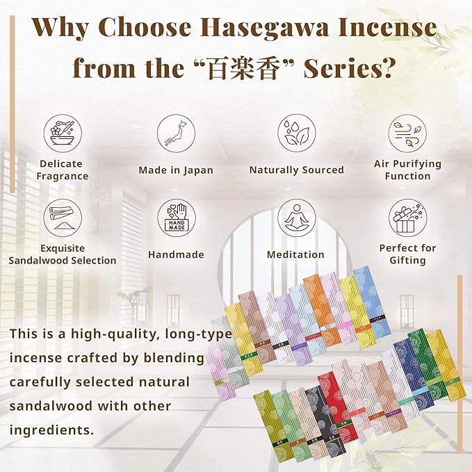 Hasegawa Hyakurakuko Premium Japanese Sandalwood Incense - Long Type, 40 Sticks with Aluminum Holder, 20-30 Min Burn Time, Made in Japan 線香 百楽香 (White Sage)