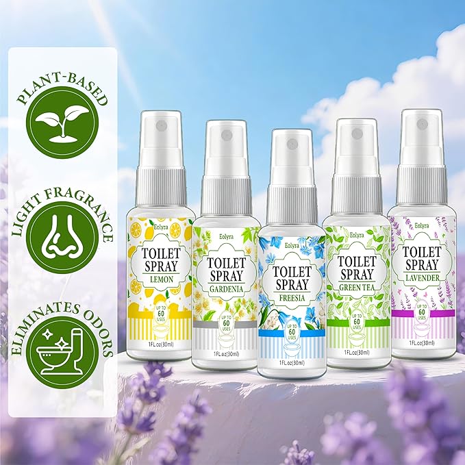 Toilet Spray, Bathroom Odor Eliminator, Each 1 Fl Oz Travel Size, Air Freshener Spray for Bathroom Deodorizer, 5 Pack Travel Essentials - Lemon, Gardenia, Freesia, Green Tea, Lavender