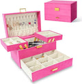 Dajasan Jewelry Organizer Box, Large Jewelry Boxes for Women Girls, Compact 3 Layers Jewelry Storage Case with Drawer, Gift Idea for Christmas, Valentine's Day, Birthday, Mother's Day (Red)
