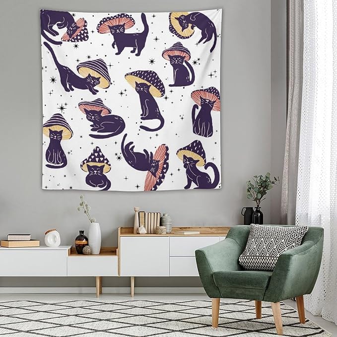 VUMIVI Funny Cat Mushroom Tapestry Retro 70s Hippie Style Cute Black Kitten Star Aesthetic Art Print Tapestry Wall Hanging for Living Room Bedroom Dorm Classroom Aesthetic Decor W60xL60in
