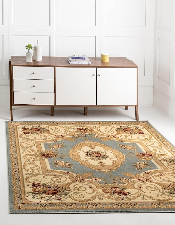 Rugs.com Chateau Collection Rug – 4 Ft Square Light Blue Medium Rug Perfect for Living Rooms, Kitchens, Entryways