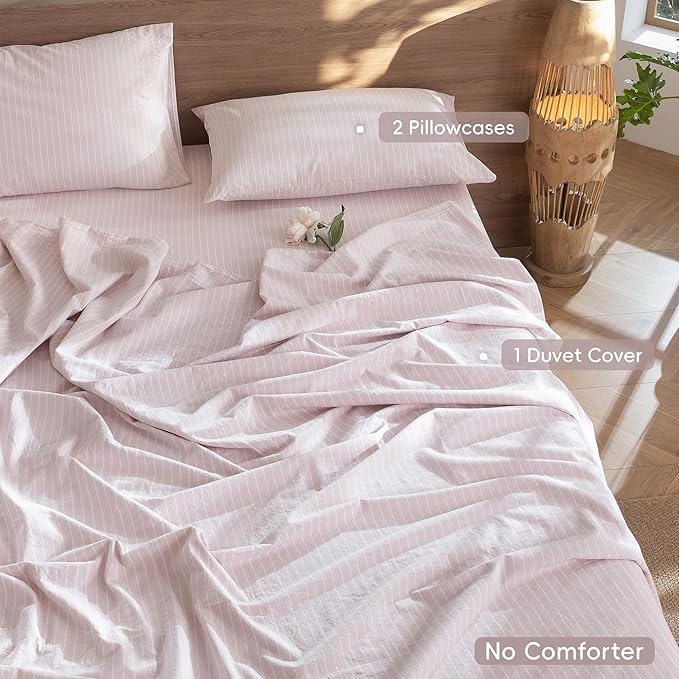 MooMee Striped Duvet Cover Set 100% Washed Cotton Linen Like Textured Breathable Durable Soft Comfy (Heathered Greyish Pink White Wide Stripes, Full 80"x90")