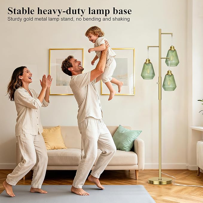 QiMH Glass Floor Lamps for Living Room, Tree Standing Lamp with Stepless Dimmable, 68" Modern Tall Lamps for Bedroom Home Office, Rotary Switch, 3 LED Bulb Included, Brushed Gold