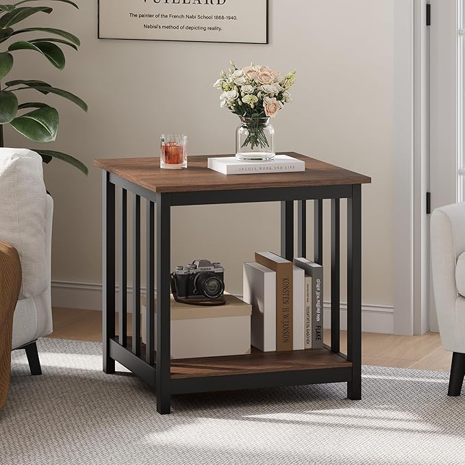 Treocho End Tables Living Room Set of 2, 24 Inch Square Side Table with 2-Tier Storage Shelf, Modern Nightstand for Living Room, Bedroom, Office, Walnut