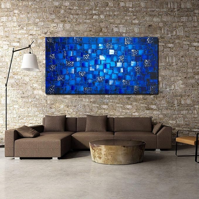 MyArton Large Thick Abstract Dark Blue add Silver Square Wall Art Hand Painted Artwork Textured Oil Painting on Canvas Framed Ready to Hang 60x30inch