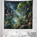 Ambesonne Aesthetic Tapestry Queen Size, Exotic Forest of Twilight with Trees Bushes and Flowers Falling Stars, Wall Hanging Bedspread Bed Cover Wall Decor, 88" X 88", Green Dark Night Blue