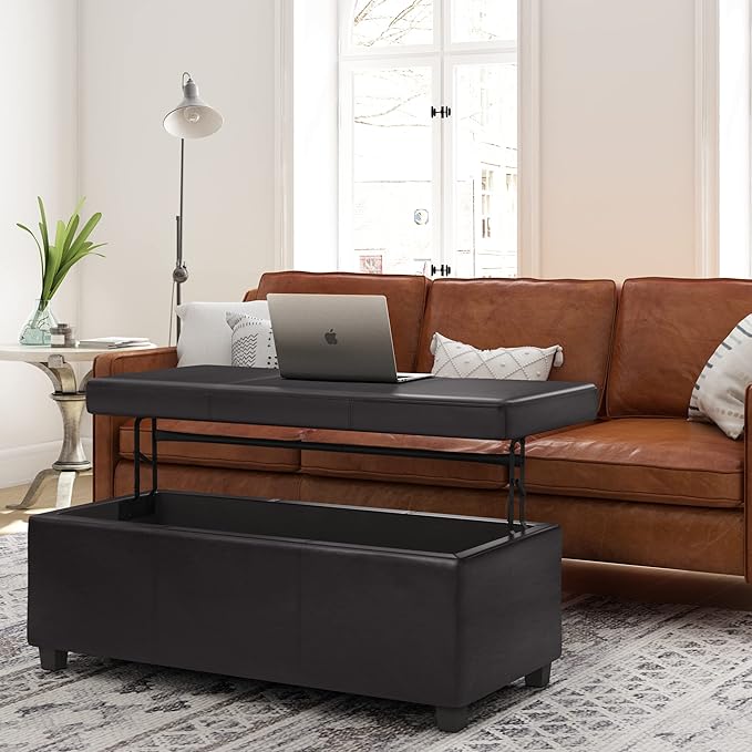 SIMPLIHOME Avalon Lift Top Rectangular Storage Ottoman - 44 inch Wide Upholstered Vegan Leather Lift-Top Ottoman in Tanners Brown, Contemporary Coffee Table Ottoman for Living Room with Hidden Storage
