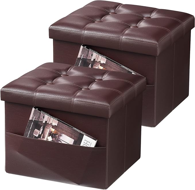 AmasSmile 2PC Storage Ottoman Folding Foot Rest Stool with Side Pocket, 16 inch Leather Footstool Bench, Short Ottoman Bench, Storage Foot Rest Store, Books, Brown