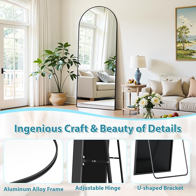 Full Length Mirror, 59"x18" Oversized Floor Mirror Freestanding, Full Body Mirror Floor Standing Mirrors with Stand, Hanging Mounted Mirrors for Bedroom Living Room, Black, Arched Style