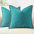 decorUhome Spring Chenille Soft Cozy Throw Pillow Covers 22x22 Set of 2, Modern Farmhouse Boho Velvet Decorative Euro Sham Pillow Cases with Stitched Edge for Couch Sofa Bed Home Decor, Turquoise