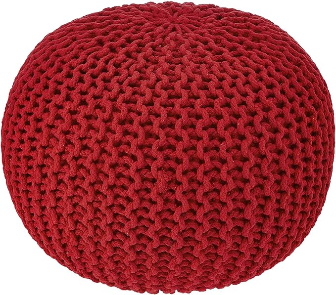 · REDEARTH · Round Pouf Ottoman - Hand Knitted Boho Poof Home Décor Pouffe Circular Footrest for Living Room - Bedroom - Lounge - 100% Cotton (19.5"x19.5"x14") - Red, Set of 2