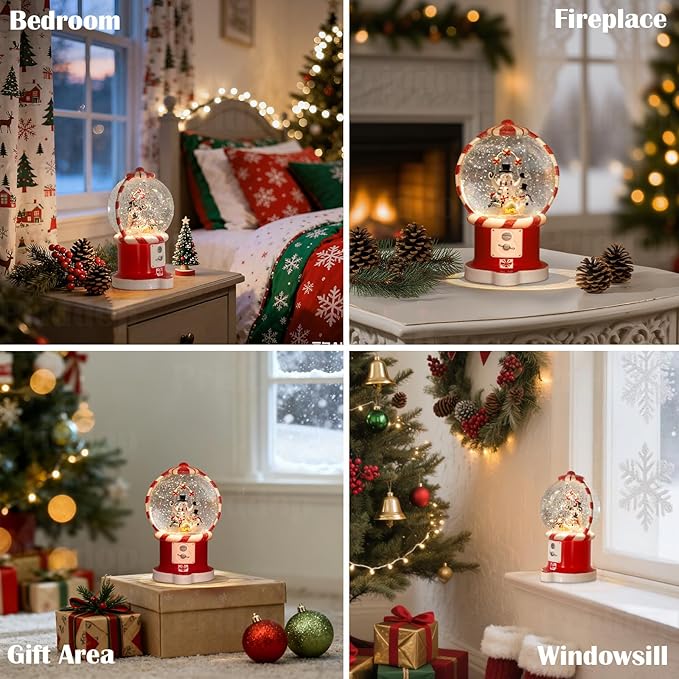 Snowman Snow Globe Christmas Classic Candy Vending Machine Shape Gifts USB/Battery Musical Glitter Snowfall USB/Battery Timer Christmas Decorations Indoor 7.8 inch
