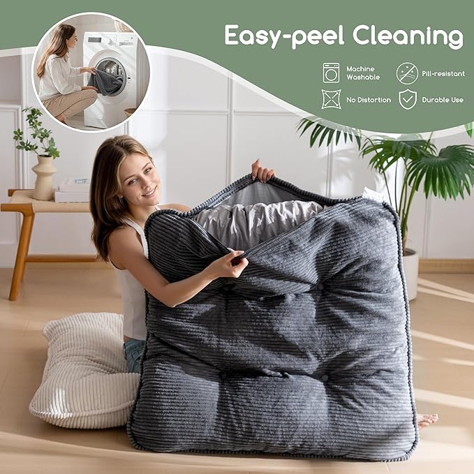 35" Washable Floor Pillow Cushion for Adults, Meditation Cushion Pillow, Extra Large Square Floor Sitting, Removable Tufted Corduroy Cover, for Tatami Living Room or Yoga, Dark Grey, Machine Washable