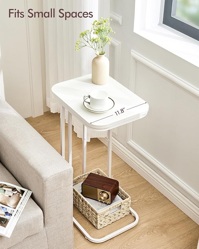 C Shaped End Table, 27 Inches High Small Side Table for Sofa and Bed, Couch Table Slides Under, Tall Tv Tray Table for Living Room, Bedroom, Metal Frame, Snow White