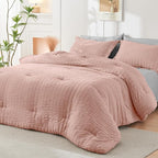 HYMOKEGE Rose Gold/Light Grey California King Comforter Set Seersucker 7 Pieces, All Season Luxury Bed in a Bag for Bedroom, Bedding Set with Comforter, Sheets, Pillowcases & Shams