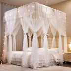 4 Corners Post Princess Curtains Bed Canopy for Girls 8 Panels Curtain- Double Layer Sheer Mesh Canopies Drapes Girls Room Decor (8P-White/White, 4P(33"x82") W+4P(43"x82") L/(Queen))