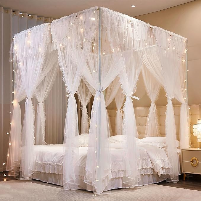 4 Corners Post Princess Curtains Bed Canopy for Girls 8 Panels Curtain- Double Layer Sheer Mesh Canopies Drapes Girls Room Decor (8P-White/White, 4P(33"x82") W+4P(43"x82") L/(Queen))