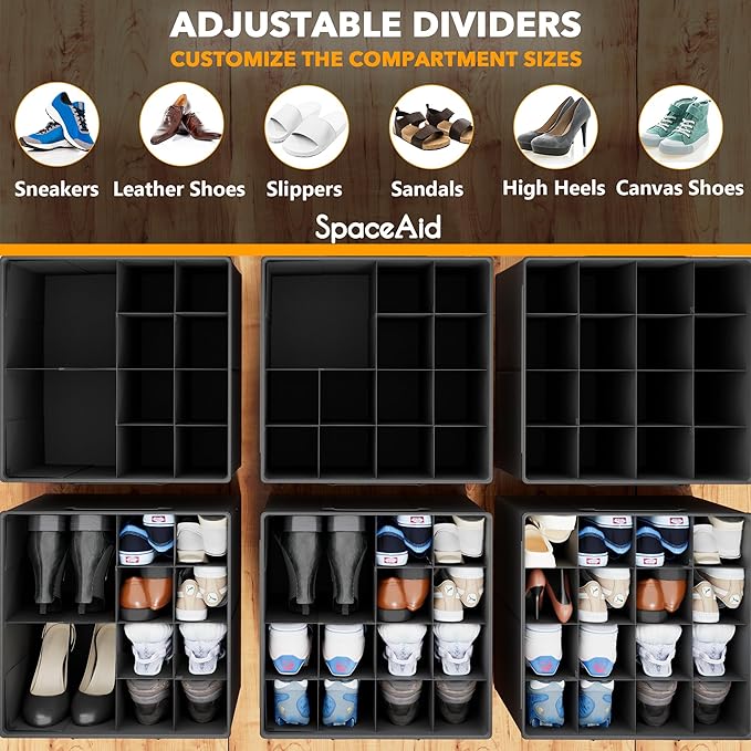 SpaceAid Shoe Organizer for Closet, 2 Pack Foldable Shoe Storage Containers Baskets Boxes Bins w/Adjustable Dividers, Fits 16-32 Pairs, Black