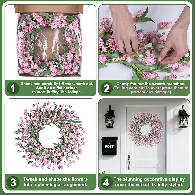 Wreaths for Front Door, 24 Inch Spring/Summer Front Door Wreath, Pink Paper Flower Wreath for All Seasons for Indoor Home Wall Window Office Wedding Farmhouse Decor (Pink)