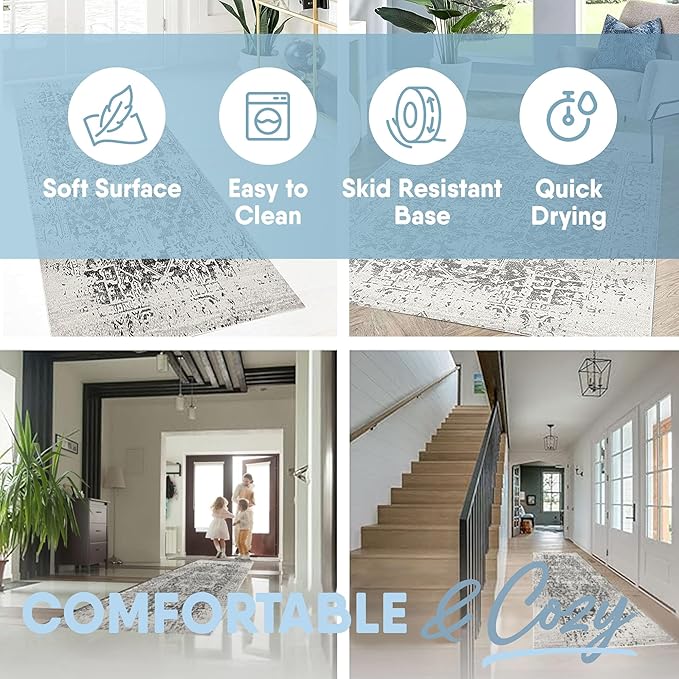 MICRODRY - Runner Rug! Low-Profile Design for a Sleek, Bulk-Free Look. Machine Washable, Stain-Resistant, Skid-Resistant Backing, Ideal for Bedroom Hallway, Kitchen, or Entryway, 2x7, Tara (Grey)