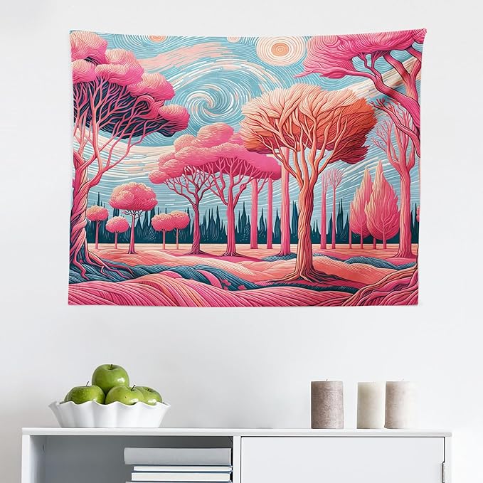Ambesonne Trees Tapestry, Surreal Post-Impressionism Themed Woodland of Dreamy Sky and Tree Pattern, Fabric Wall Hanging Decor for Bedroom Living Room Dorm, 28" X 23", Pink Coral Blue Grey
