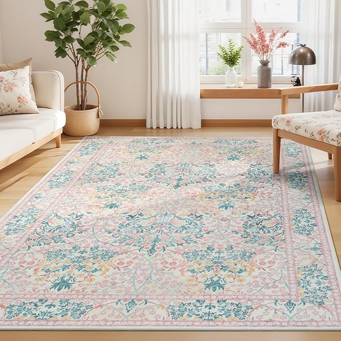 Lessymo Bedroom Rug 5x7 Area Rug for Living Room, Vintage Washable Floral Floor Mat Pink Rugs for Girls, Low Plie Non Skid Indoor Boho Forest Rugs for Nursery Dining Room, Pink Green